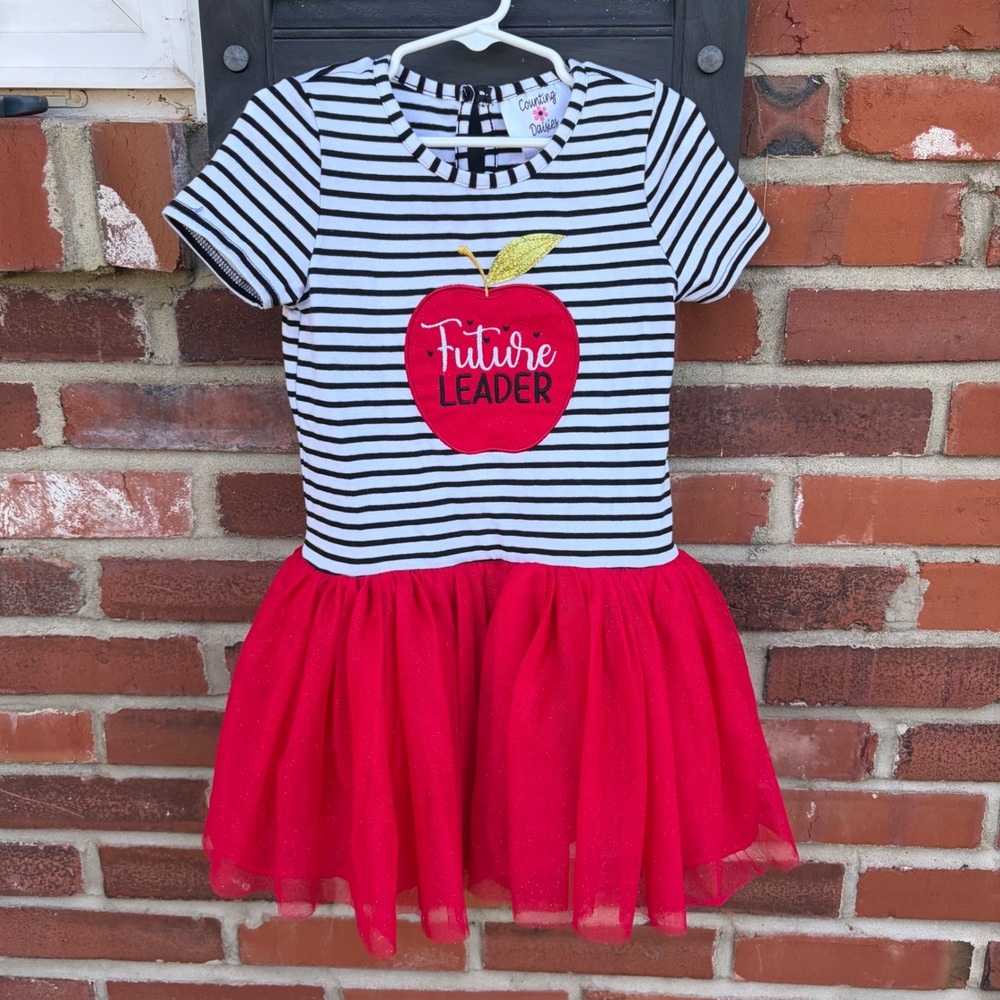Counting Daisies Girls 5T Future Leader Apple Striped Tulle Dress Black Red